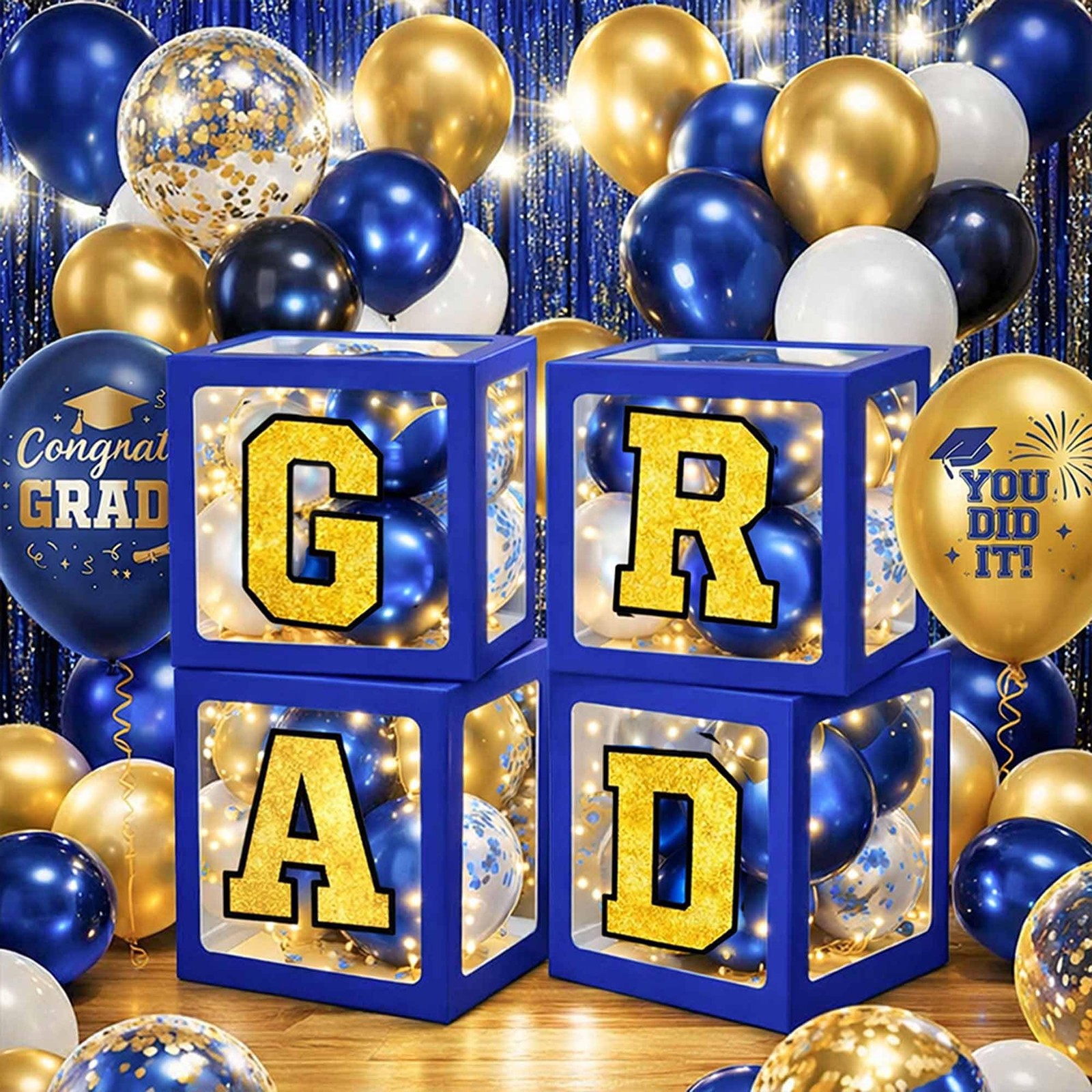 Graduation Decorations Class of 2026 Navy Blue and Gold Balloon Boxes for Hig…