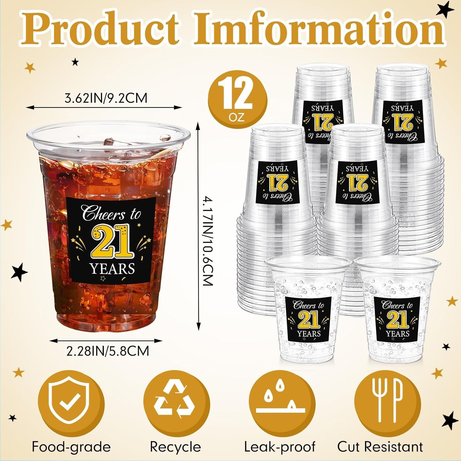 60 Pack 21st Birthday Cup 12 oz Cheers to 21 Disposable Clear Plastic Cups f…