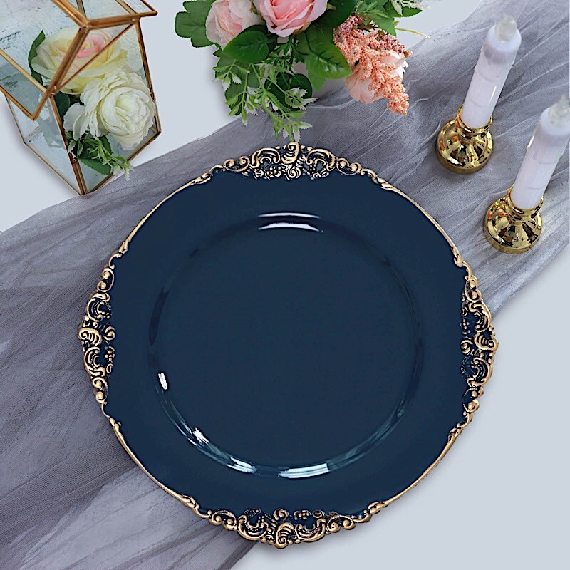 6 NAVY BLUE 13″ Round with Embossed Rim Charger Plates Wedding Dinner Supplies