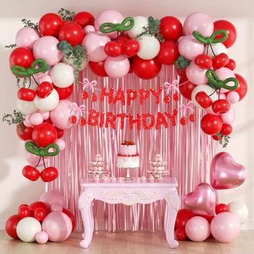 Cherry Birthday Party Decorations with Red Light Pink Sand White Balloons