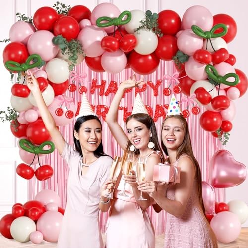 Cherry Birthday Party Decorations with Red Light Pink Sand White Balloons