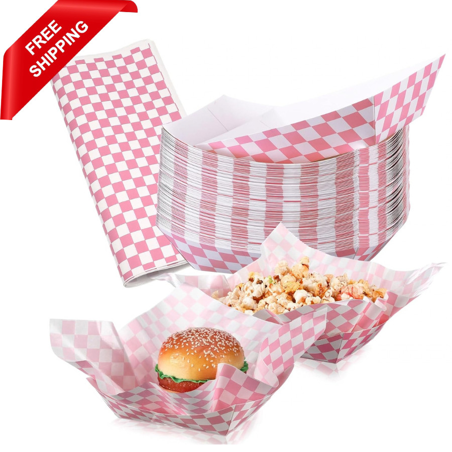 Gingham Disposable Paper Food Trays with Wax Paper for Parties, 100 Pcs
