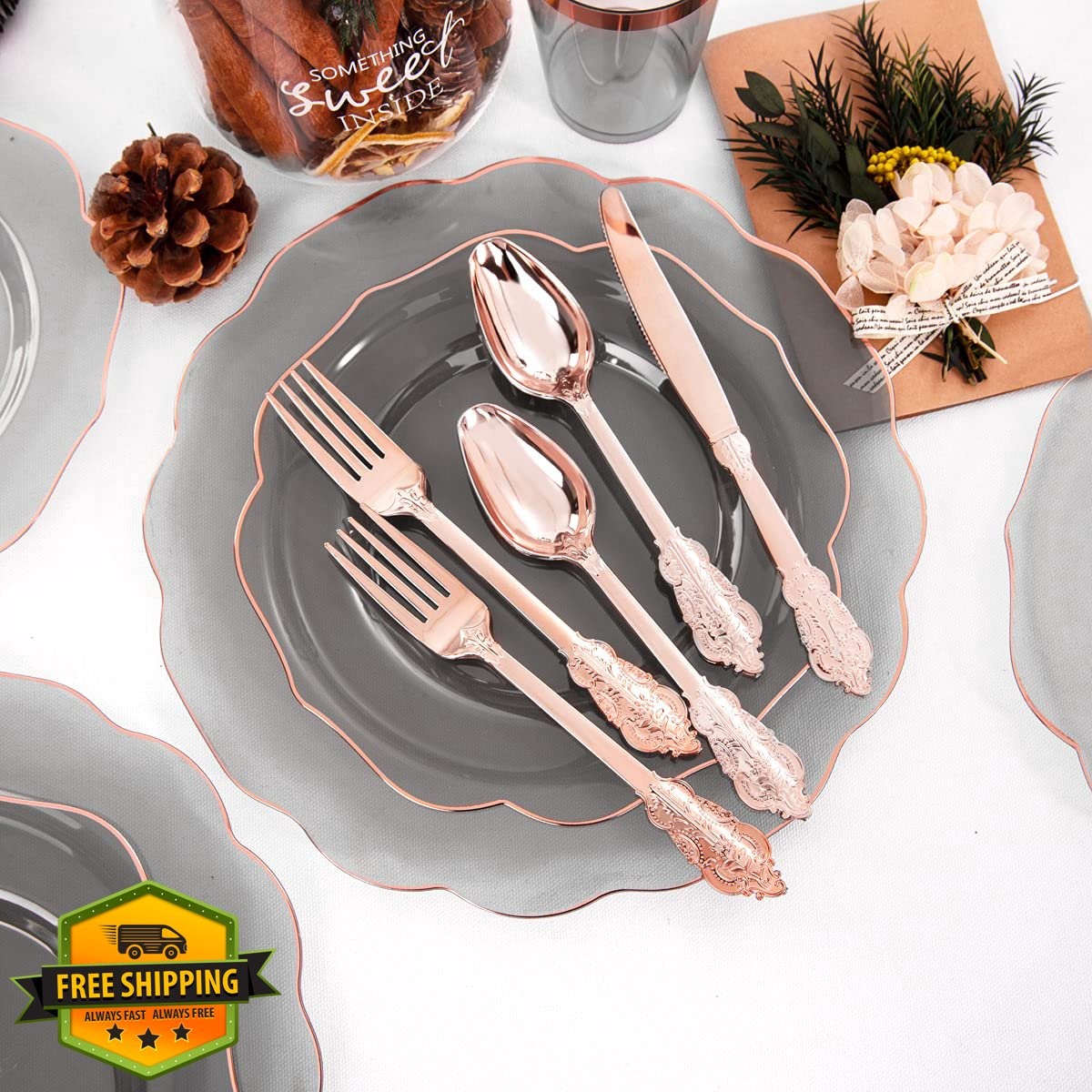 BUCLA Clear Black Rose Gold Plastic Plates and Silverware 30 Guests