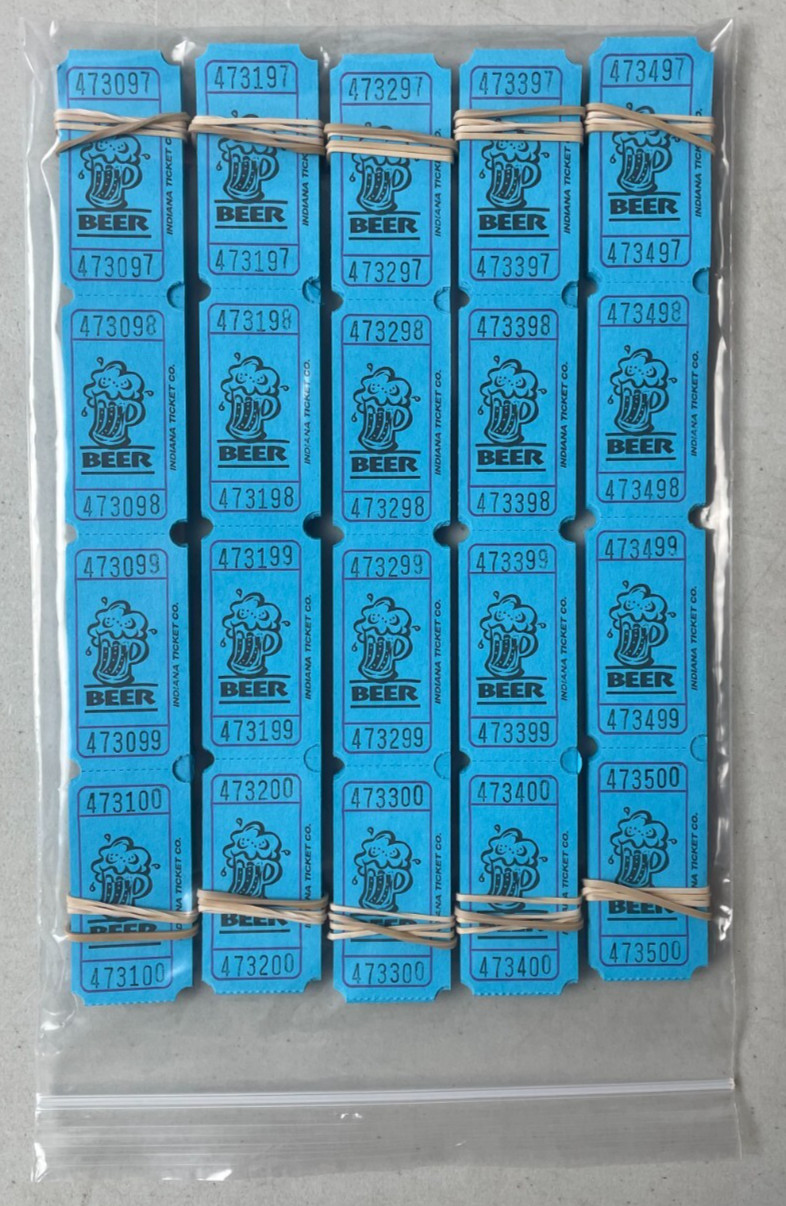 Beer Tickets Single Stub Lot of 500 Folded & Packaged Carnival Festival Fun Fair