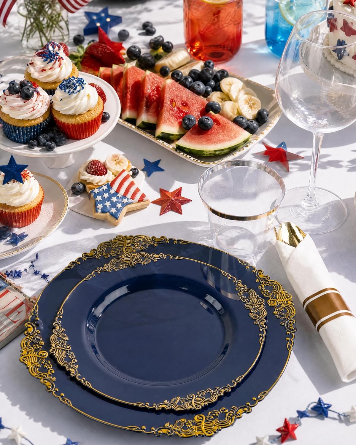 175PCS Blue Plastic Plates – Blue Gold Plastic Dinnerware Set Disposable Include