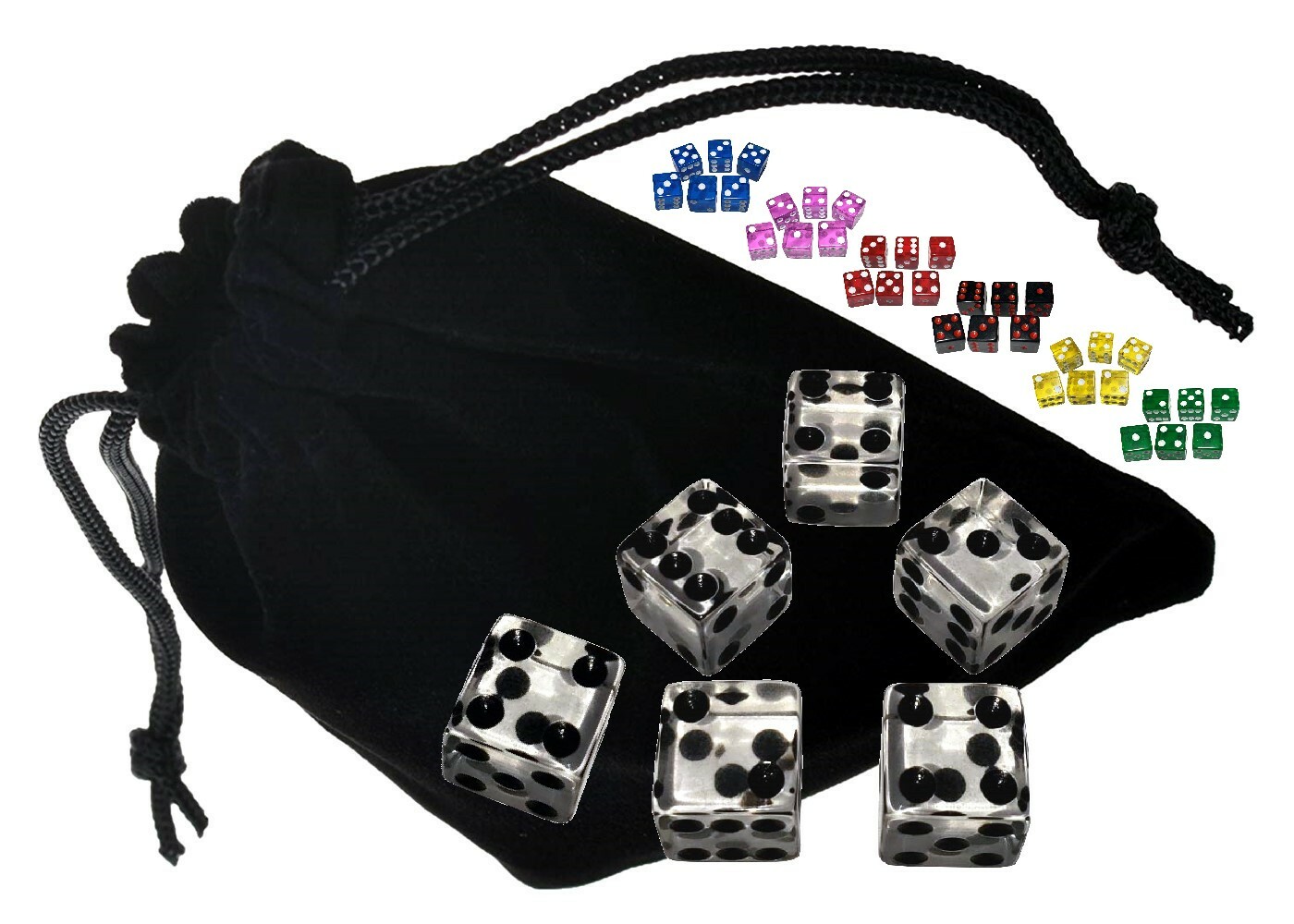 (6) 16mm Transparent 6-Sided Squared Corners D6 Dice + Velvet Storage Pouch