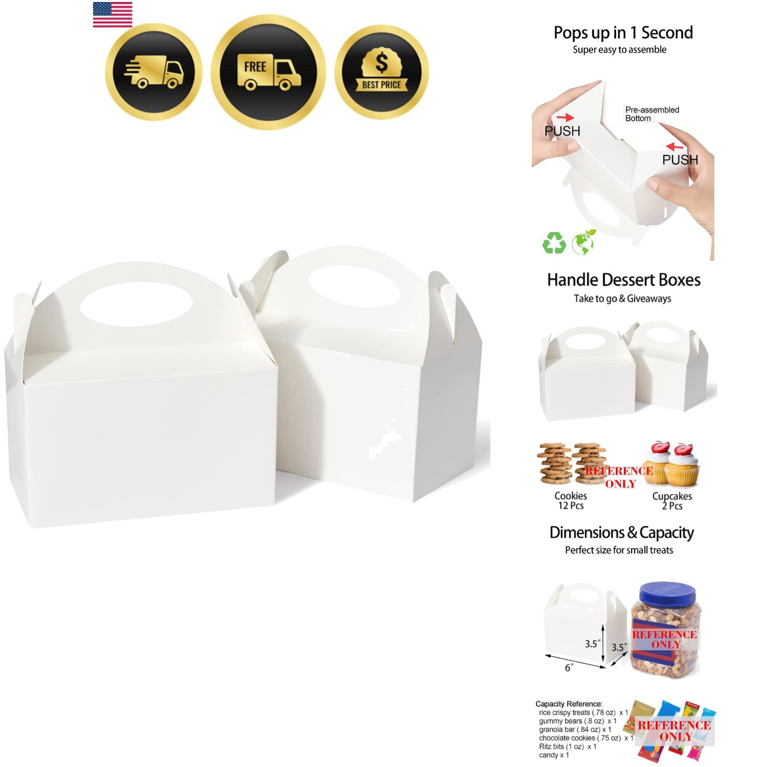50 Pcs Party Treat Boxes – White, 6 Inch Candy Boxes with Handle – Paper Cook…