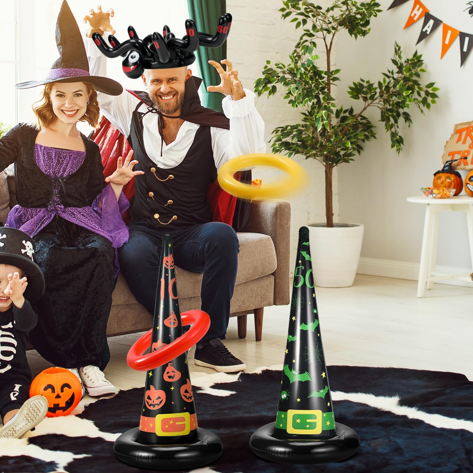 25 Pcs Halloween Ring Toss Game Include 5 Inflatable Witch Hat, 18 Plastic Ri…