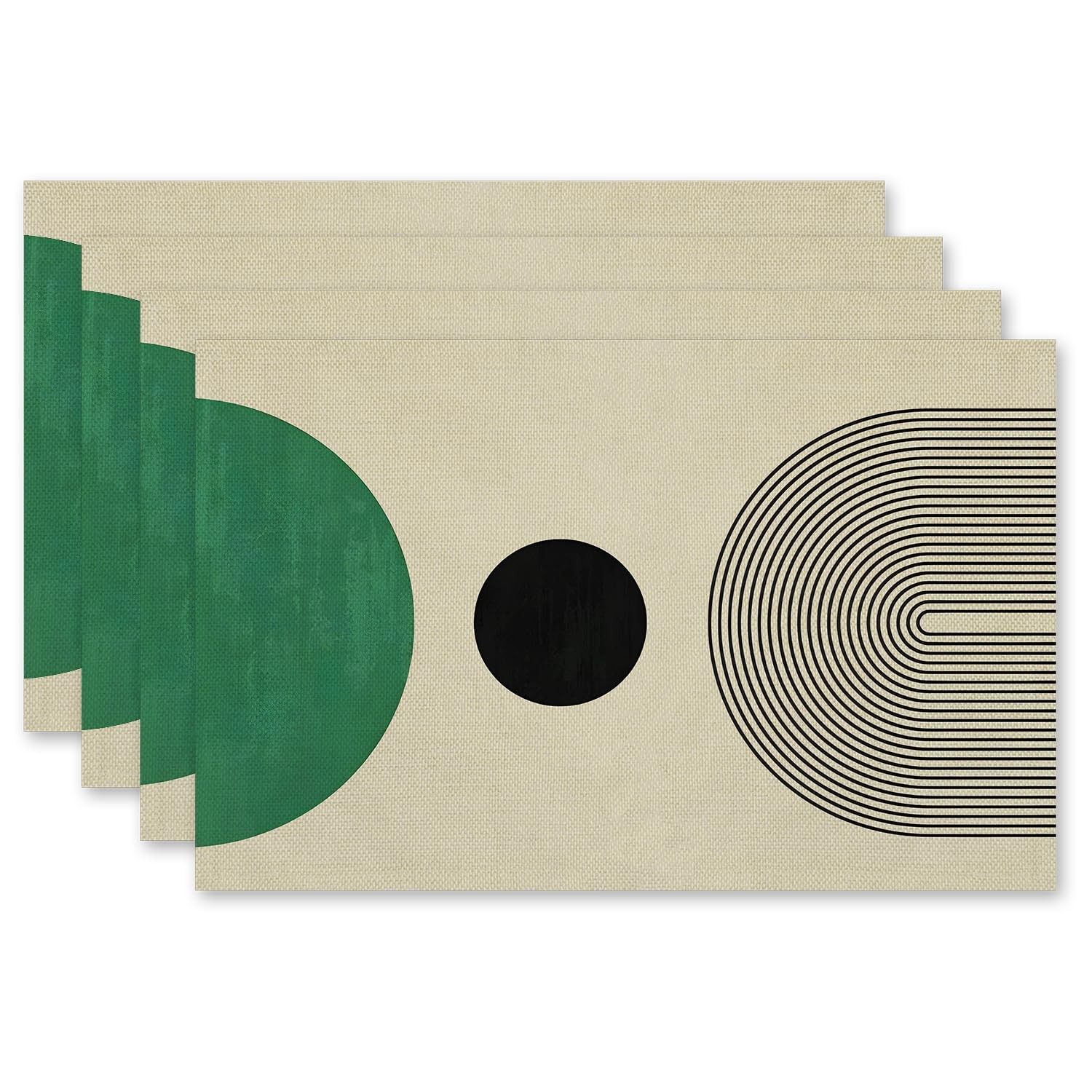 Boho Placemats Set of 4, Modern Minimalist Green and Black Circles Placemats, Bo