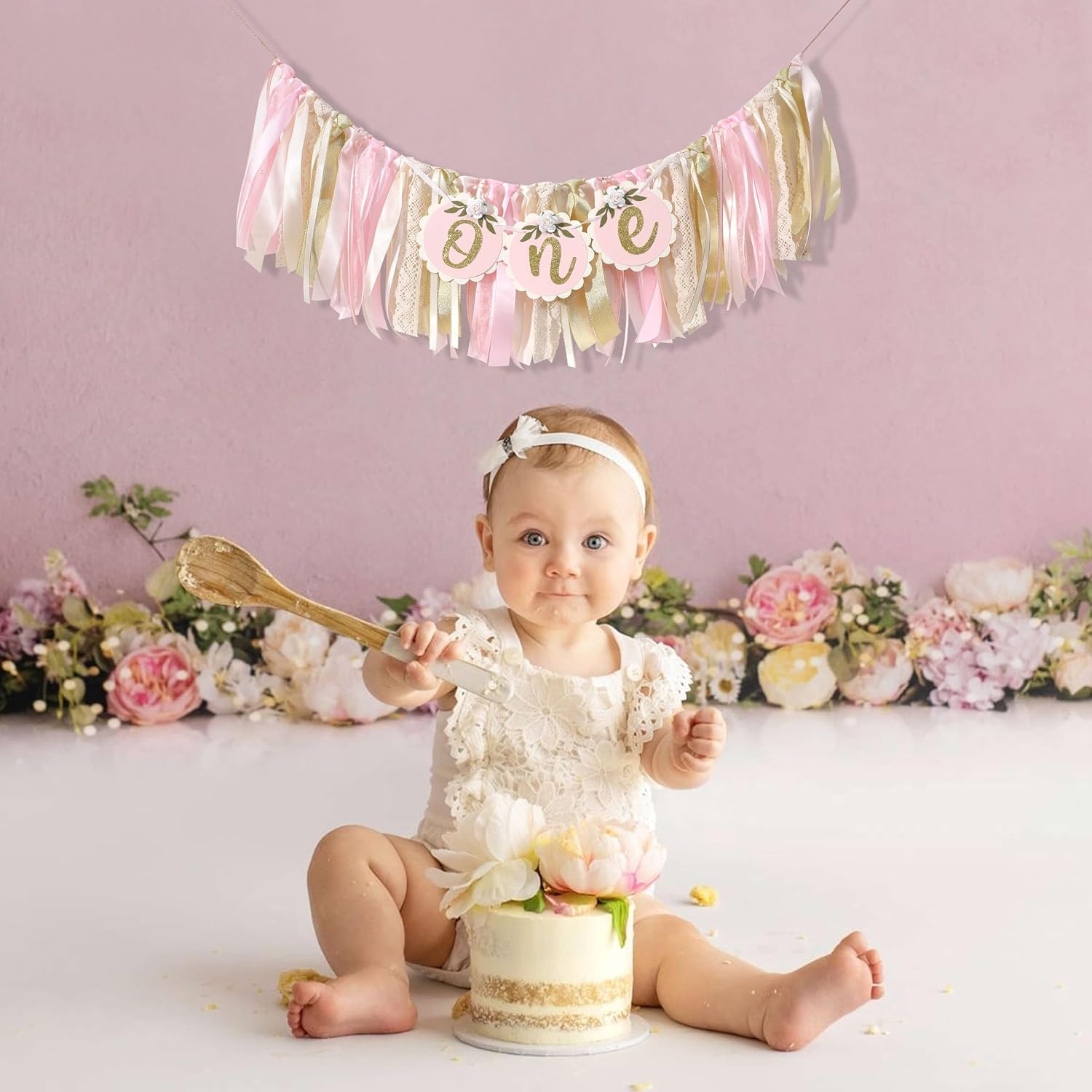 Pink Golden Floral High Chair Banner – Rose 1St Birthday Highchair Banner, Girls