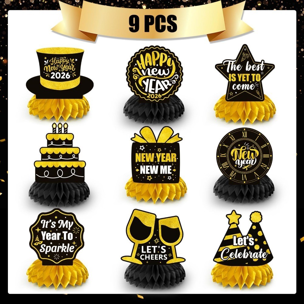 2026 New Year Party Honeycomb Centerpieces, 9pcs New Year Eve Party Honeycomb