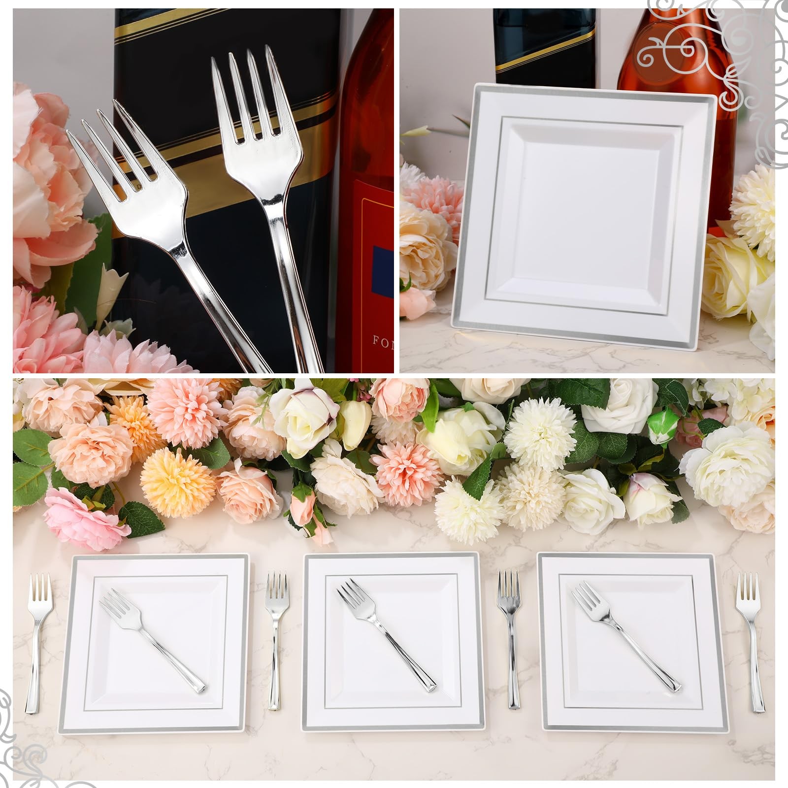 Gandeer 300 Pcs Square Plastic Plates Forks Set Include 150 Disposable 6.5 Inch