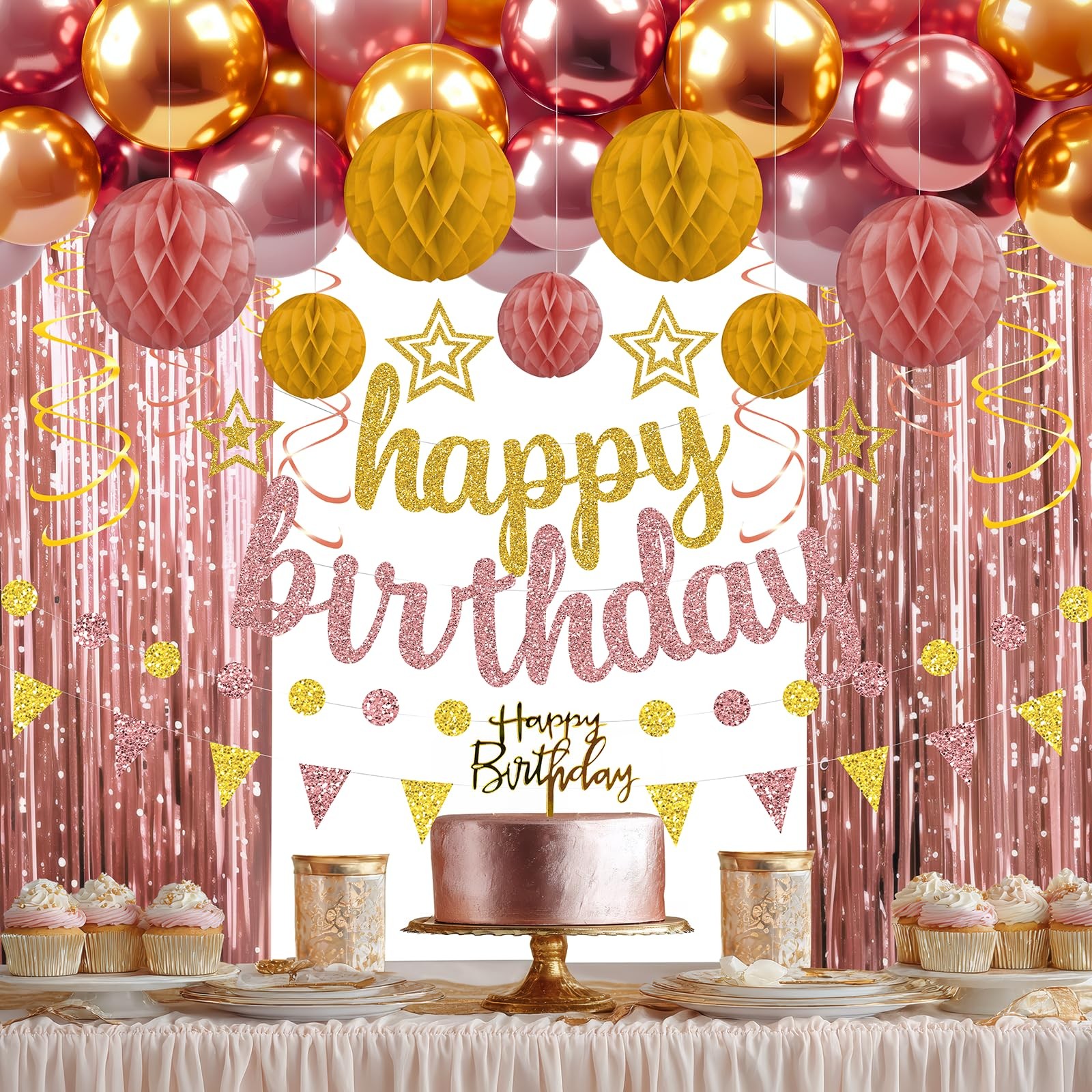 Rose Gold and Gold Birthday Party Decorations Set – Happy Birthday Banner Bal…