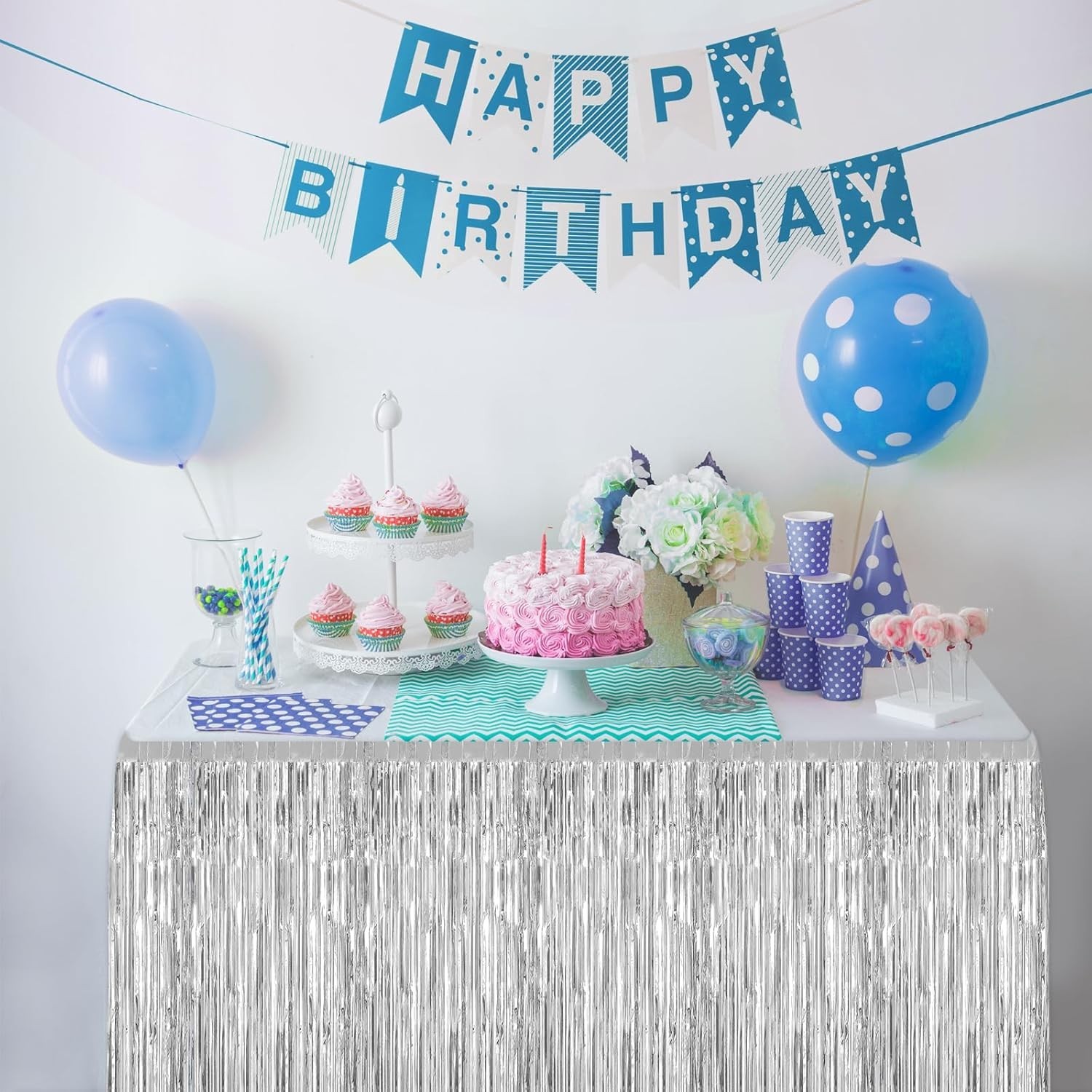2 Pack 29.5×108 Inch Silver Foil Tinsel Fringe Table Skirts, Disposable Table…