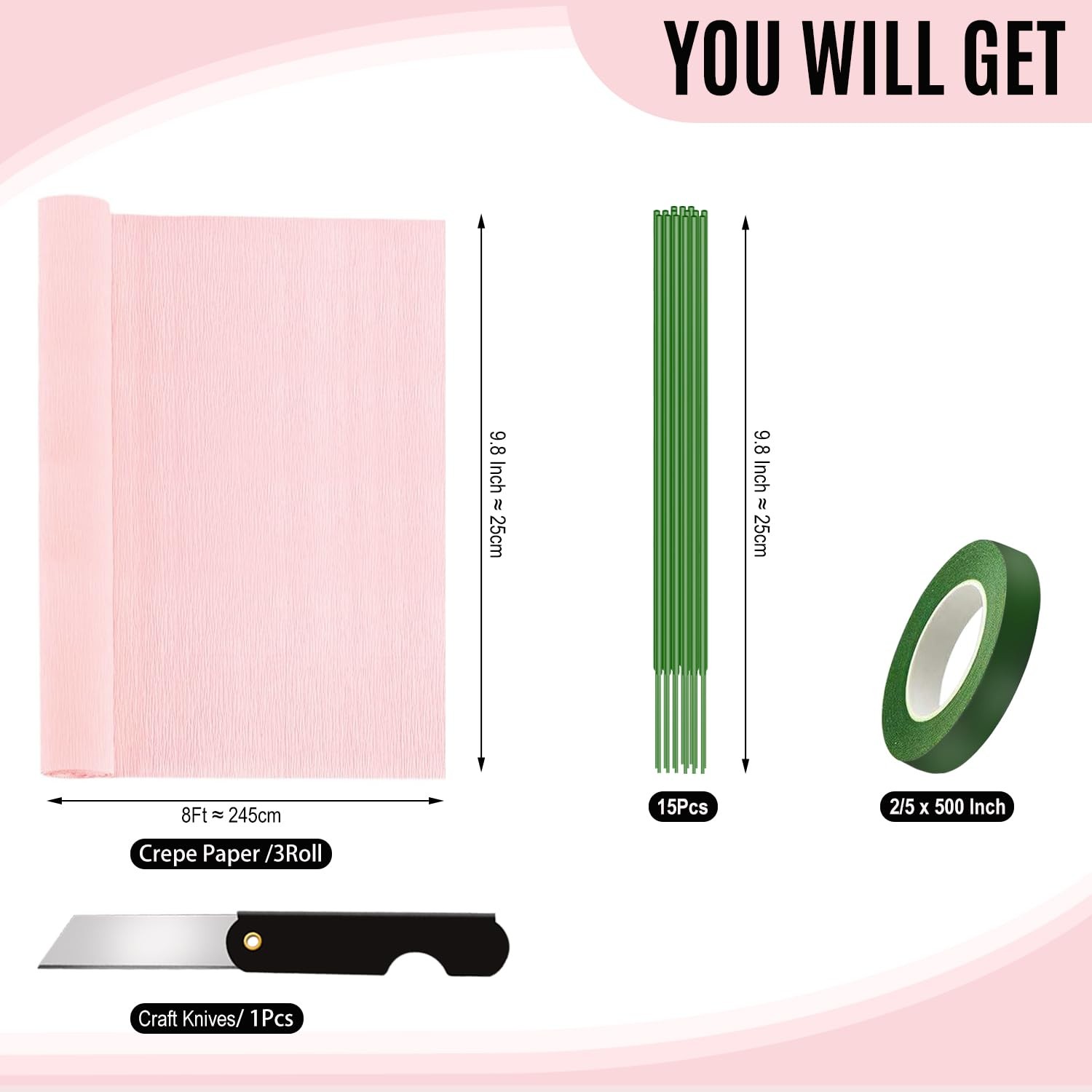 Pale Pink Crepe Paper Rolls Multi Color Streamers DIY Craft 9.8 In x 8.2 Ft 3 PK