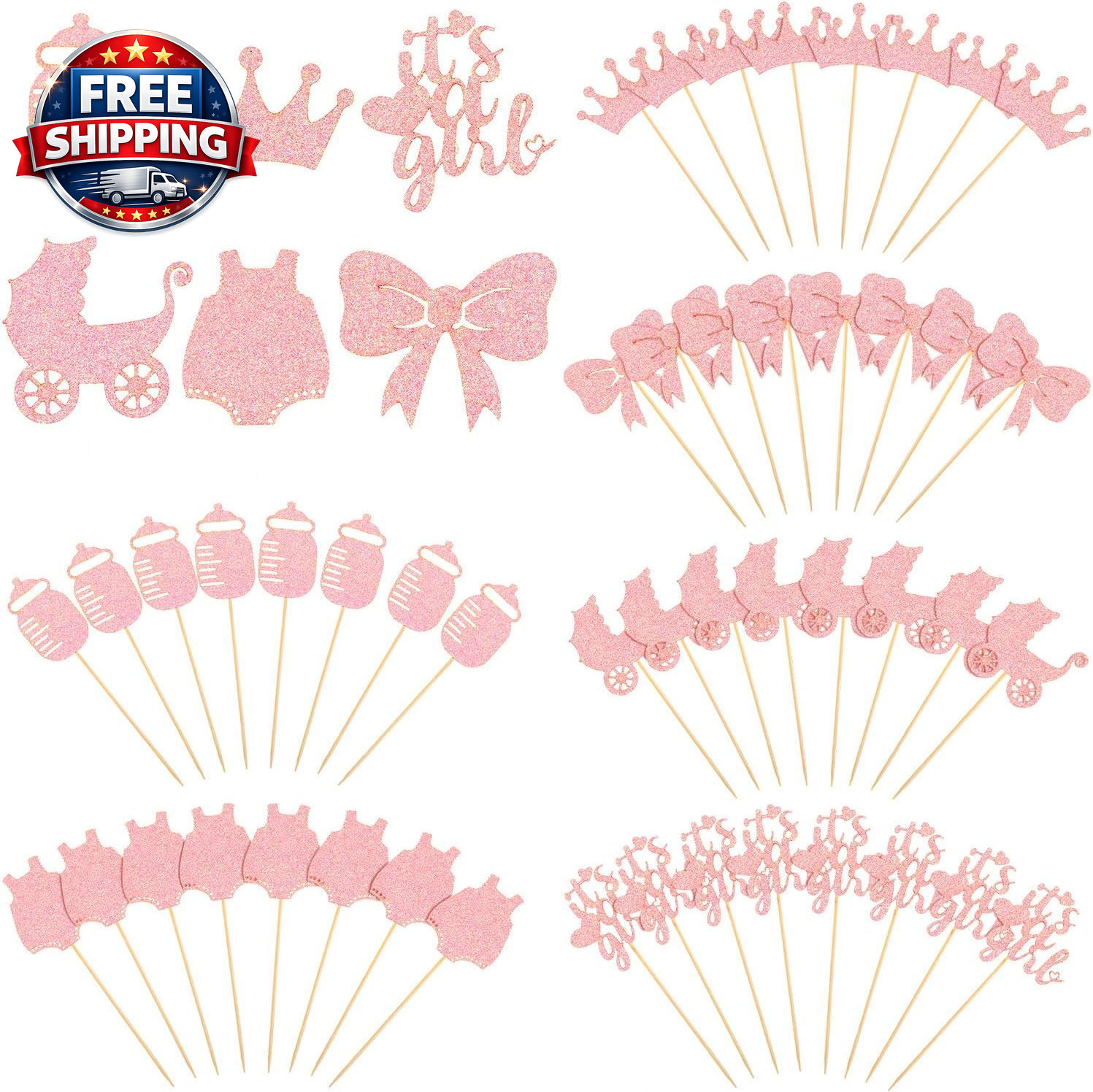 48 Pieces Baby Shower Cupcake Toppers for Girls Glitter Pink Baby Girl Food Pick