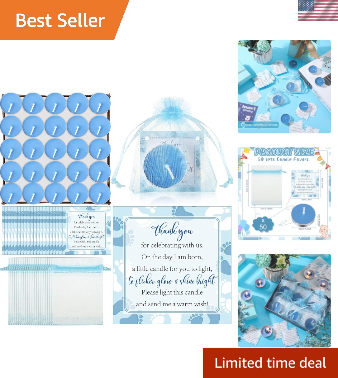 50 Sets Baby Shower Party Favors Including 50 Pcs Unscented Tealight Baby Sho…