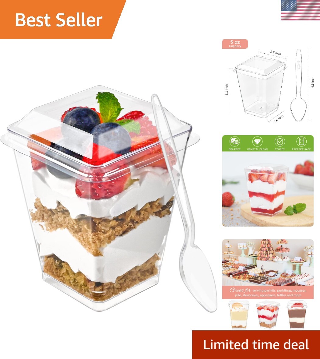 50 Pack 5 oz Clear Plastic Dessert Cups with Lids & Spoons for Elegant Parties