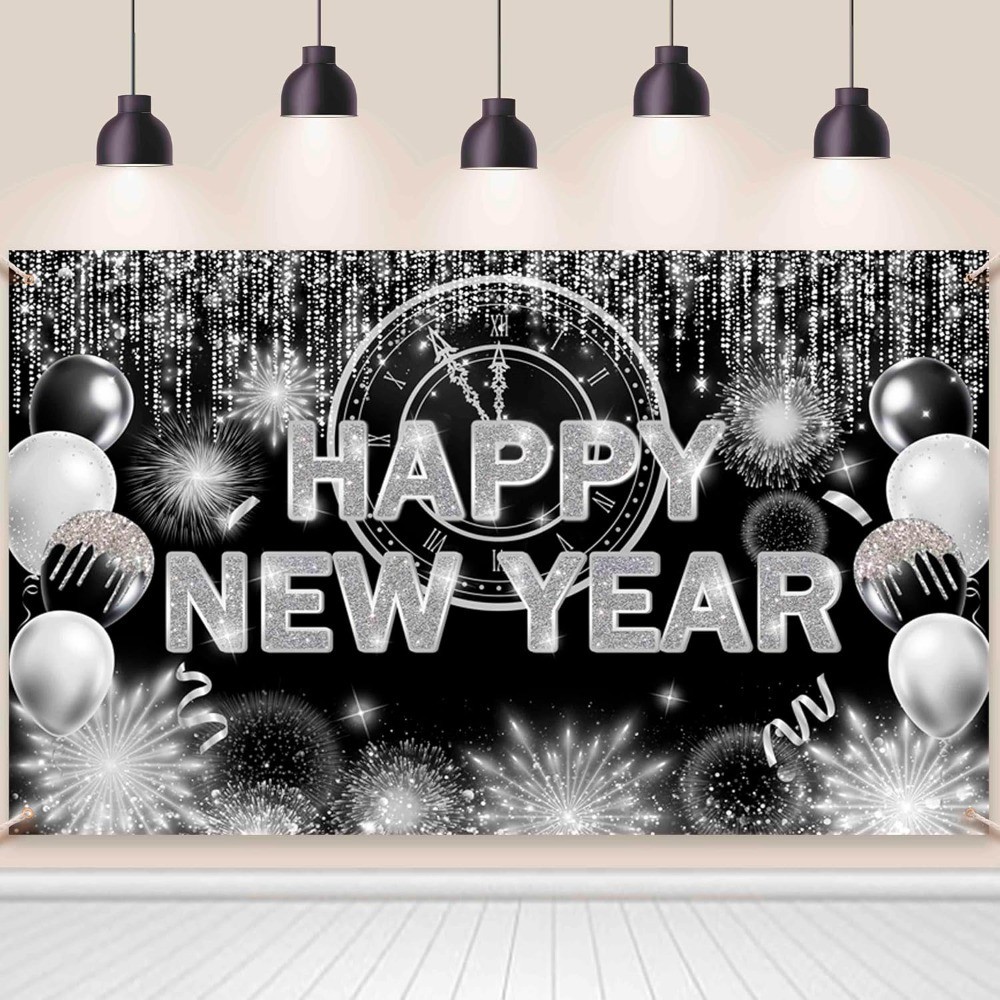 Black Silver Happy New Year Backdrop 2026 Kiss Me at Midnight Photography