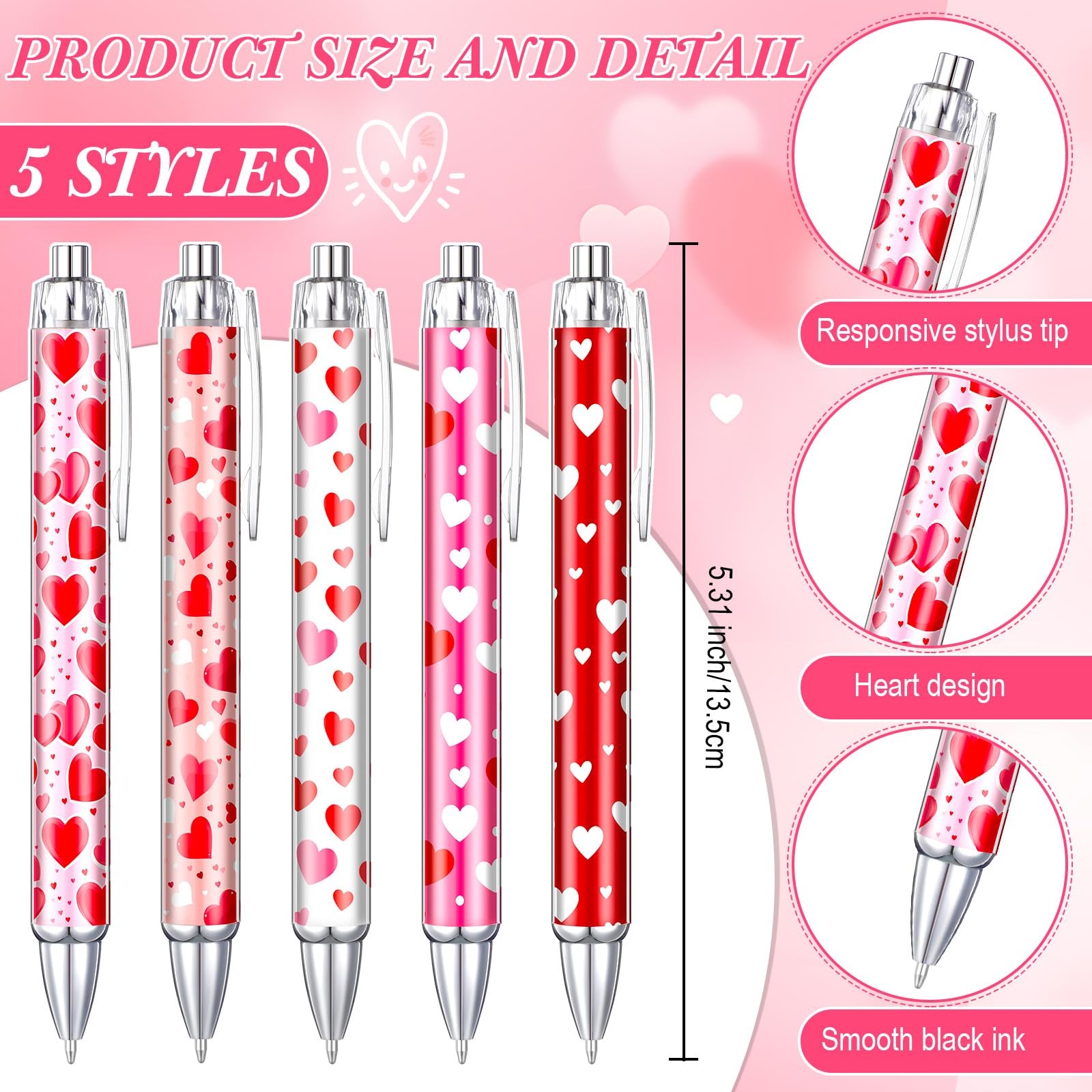 50 Pcs Valentine’s Day Pens Bulk Retractable Ballpoint Pens Black Ink Cute Heart