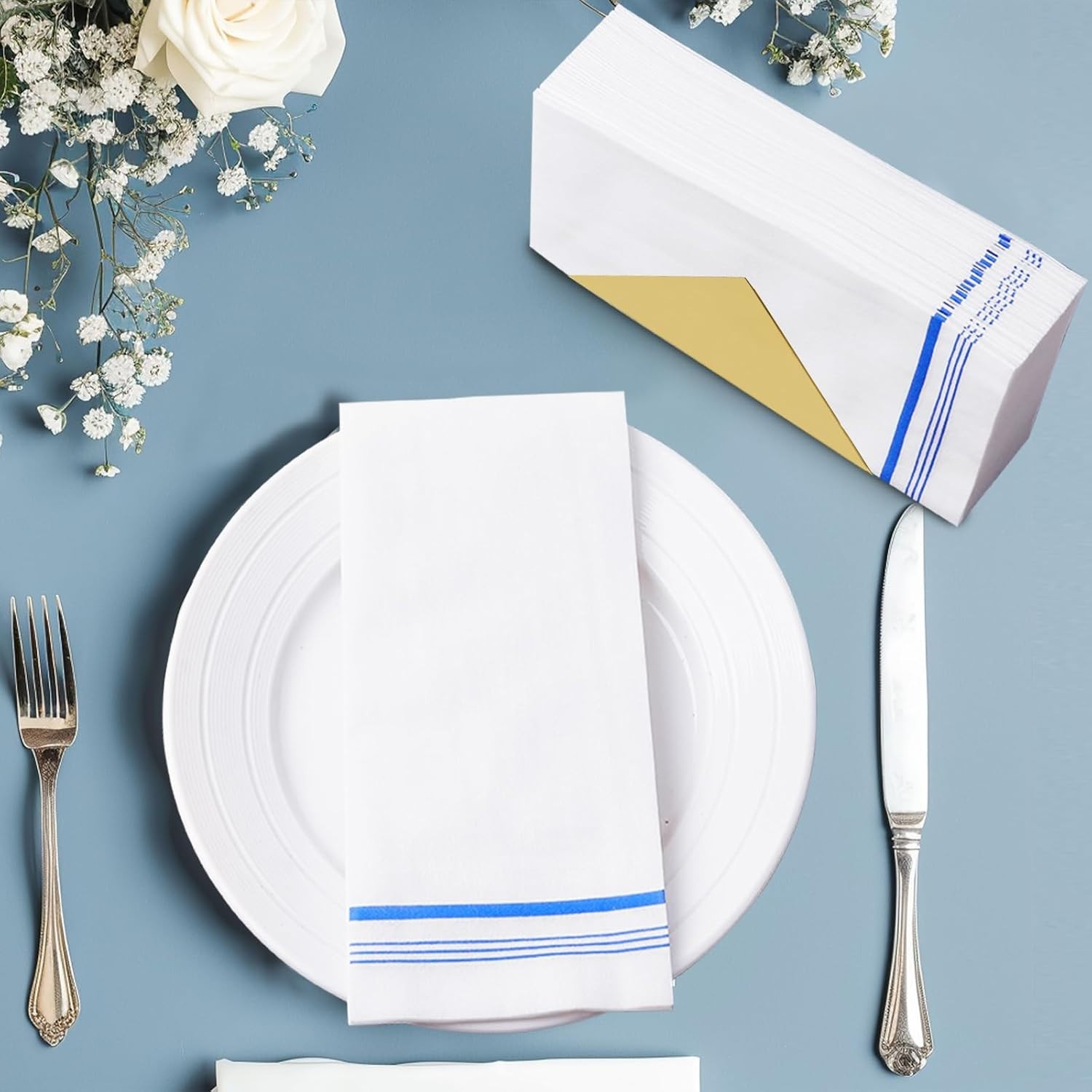 50 Disposable Paper Hand Towels for Bathroom 12″ x 17″(Blue Trim Lined), Decorat