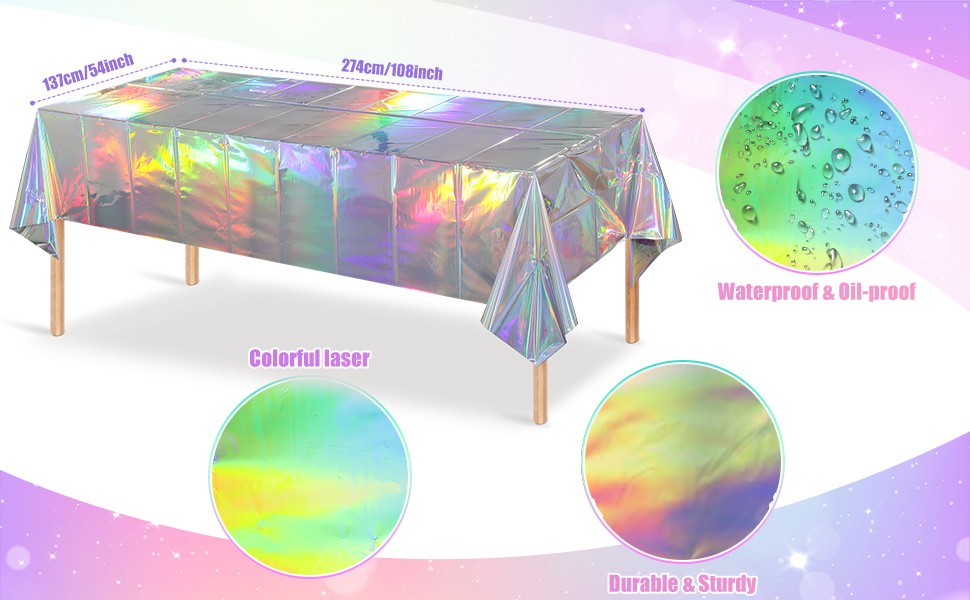 4 Pack Iridescent Plastic Tablecloths, Shiny Disposable Laser Rectangle Table