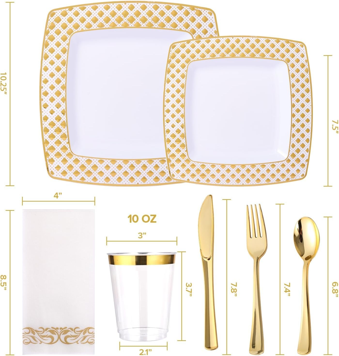 175 Ct Gold Dinnerware Set for 25 Guests – Square Plastic Plates with Diamond Ri