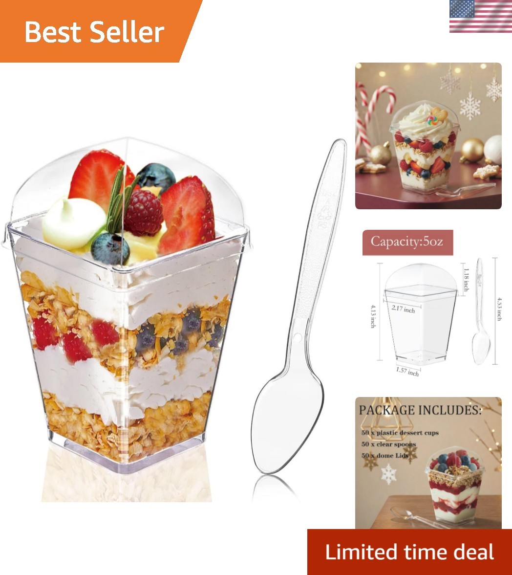 50Pack 5oz Clear Plastic Dessert Cups with Lids and Spoons, Reusable Square P…