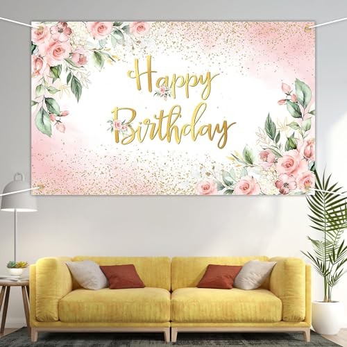 Rose Gold Birthday Backdrop for Women Pink Floral Golden Flash Happy 6×3.6ft