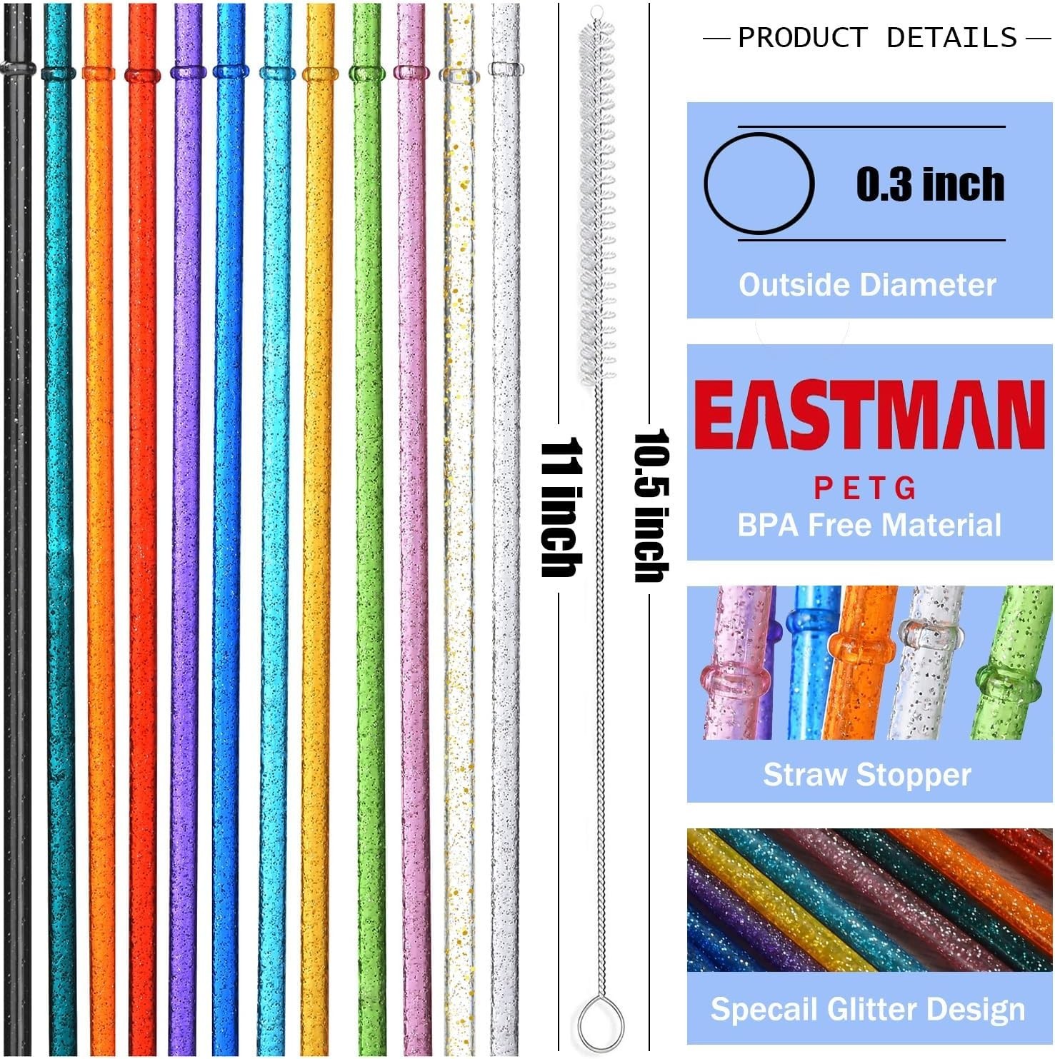 ALINK 12-Pack Reusable Glitter Plastic Straws with Cleaning Brush