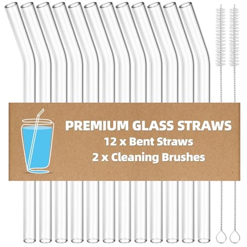12 Pack Reusable Glass Straw, 8.5″ x 10MM Bent Clear Glass Drinking Straws for