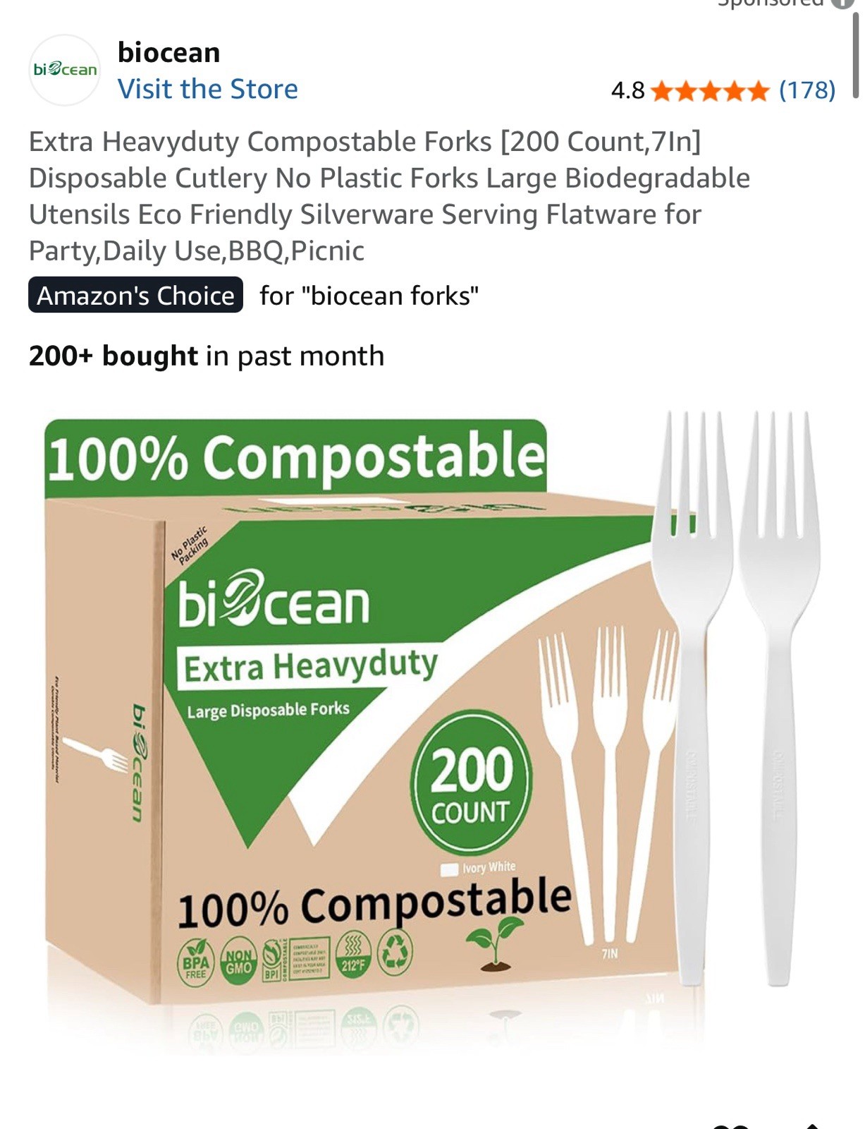200 Compostable forks 6.7” Extra Heavy Duty Biodegradable Disposable Cutlery