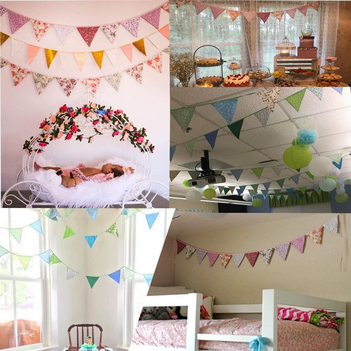 10M/32Ft Triangle Bunting Banner, 36 Pcs Cotton Fabric Flags Pennant Garlands…