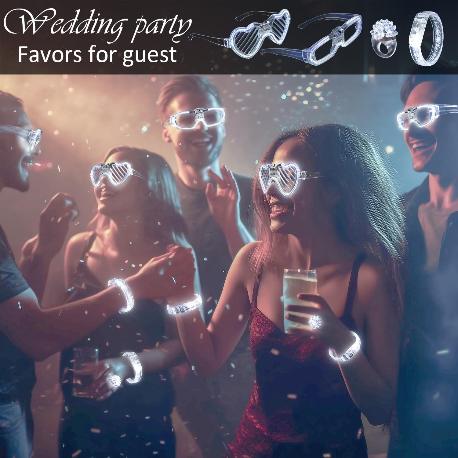 50Pcs Wedding Party Supplies Set – LED Flashing Glasses, Light Up Bracelets & Ri