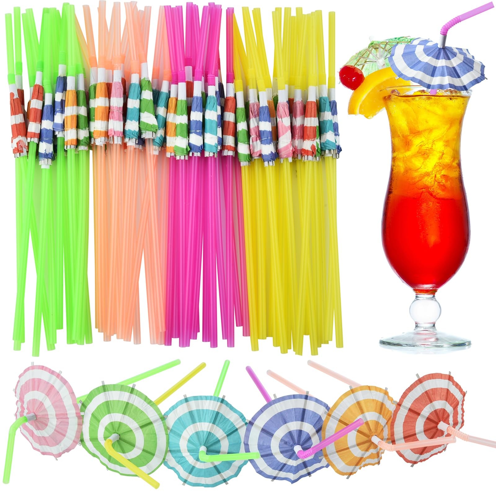 ALINK 100 PCS Umbrella Straws, Long Cocktail Drink Umbrellas Fancy Flower Bar St
