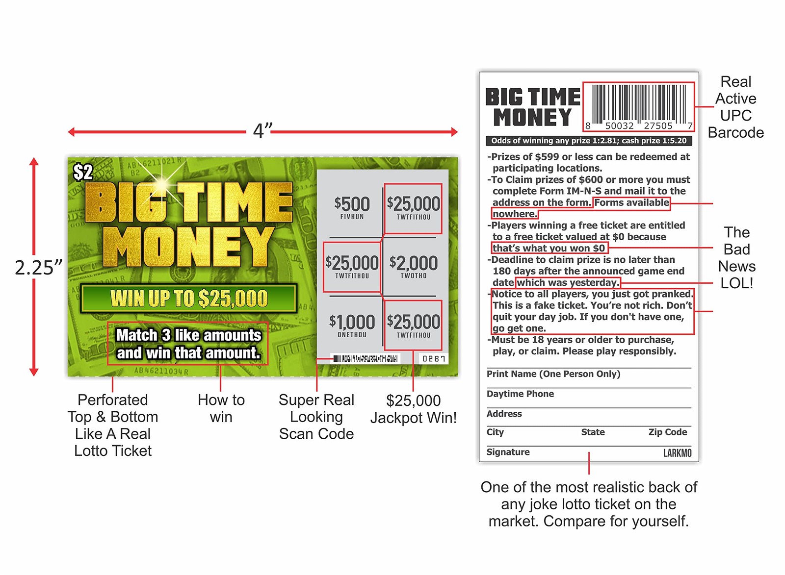 Larkmo Prank Gag Joke Lottery Tickets Big Time Money 4 x 2.25 inches, Green