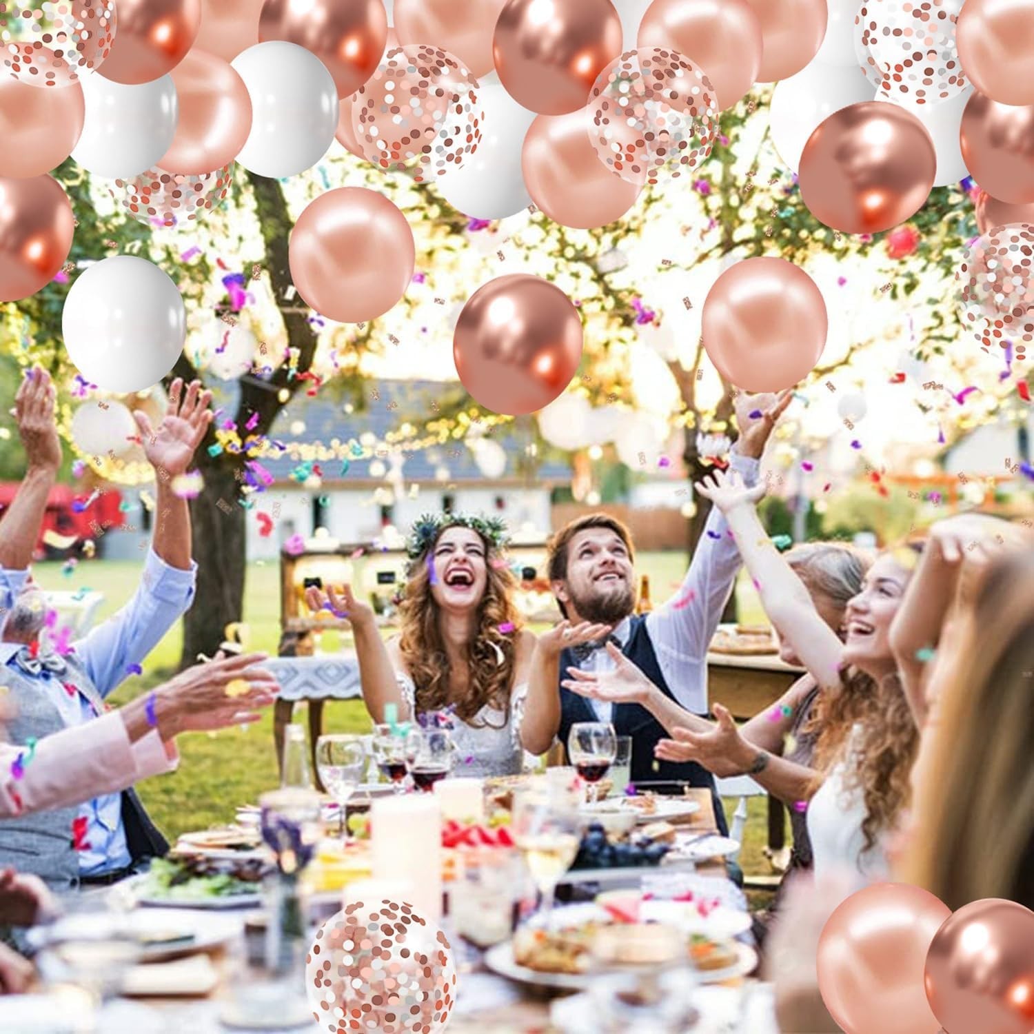 Rose Gold Confetti Balloons, 50 Pack 12 inch White and Rose Gold Latex Balloo…