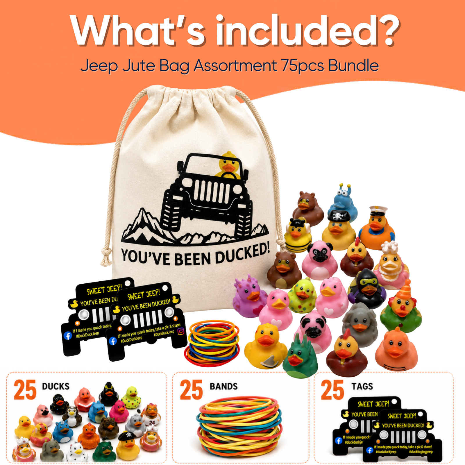 75PCS Rubber Ducks Jeep Ducking Kit Bulk 2″ Bath Toys Party Favors with Jute Bag
