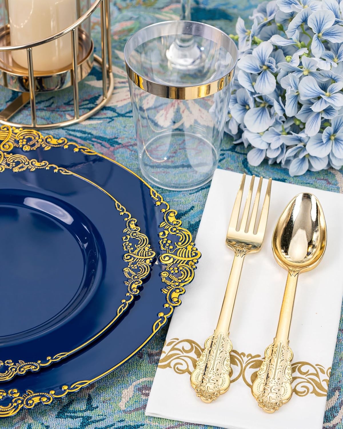 175PCS Blue Plastic Plates – Blue Gold Plastic Dinnerware Set Disposable Include