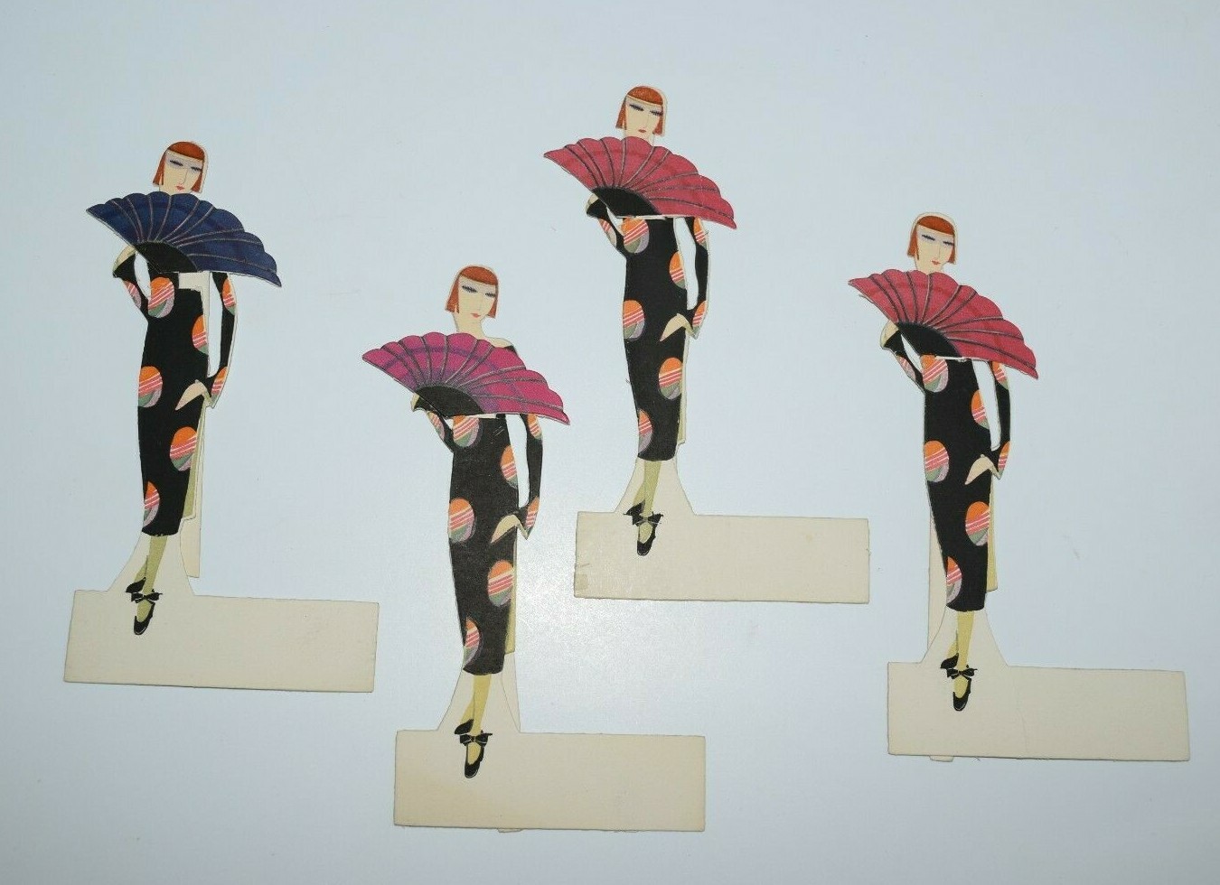 Vintage Art Deco Place Card Figure Stylized Exotic Women & Fans Asian 1920