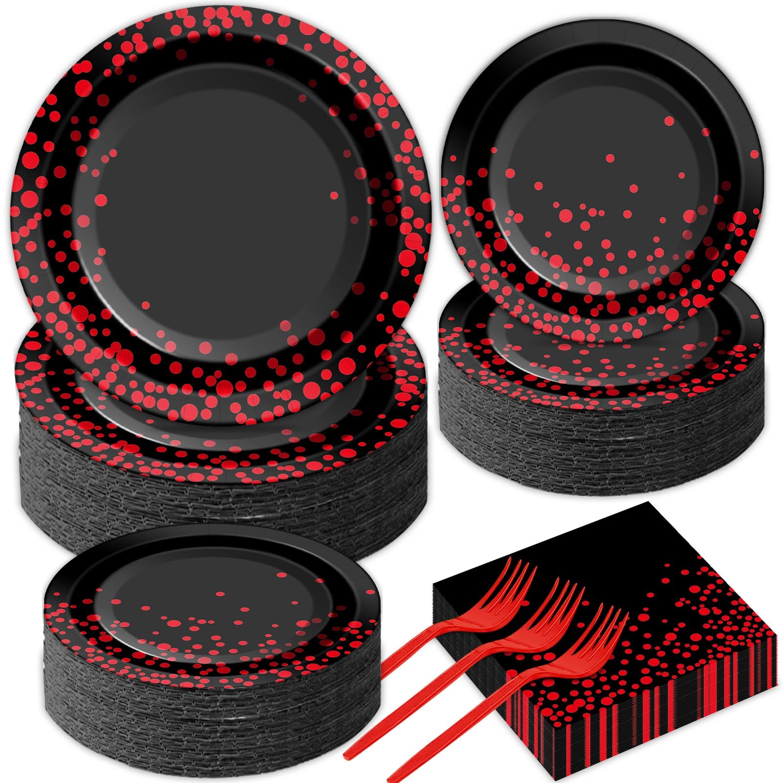 50 Guests Red and Black Party Supplies Set Red Dot on Black Disposable Plates…