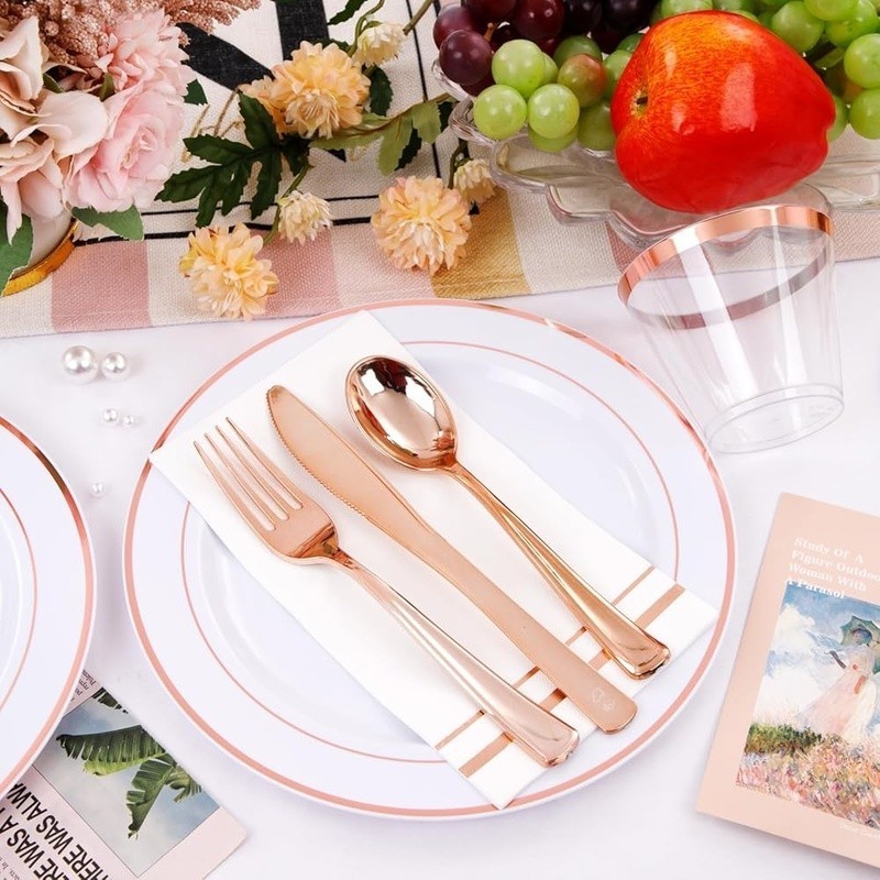 Rose Gold Disposable Plates Cups Cutlery Napkins Party Supplies Set 150pcs New