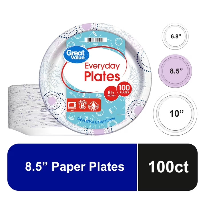 Great Value 8.5″ Everyday Disposable Paper Plates, 100 Count