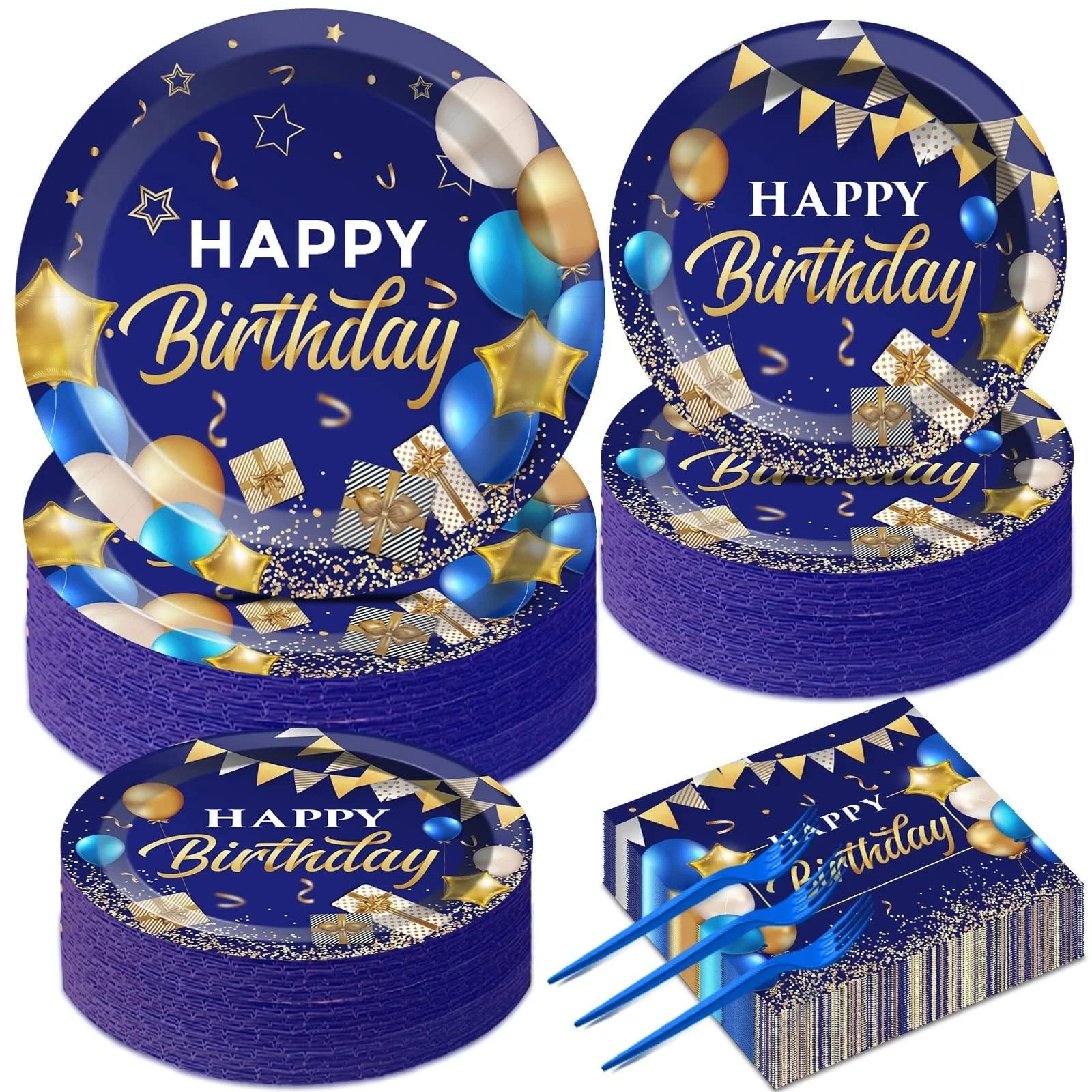 50 Guest Blue & Gold Birthday Party Plates, Napkins & Tableware Set – 200 PCS