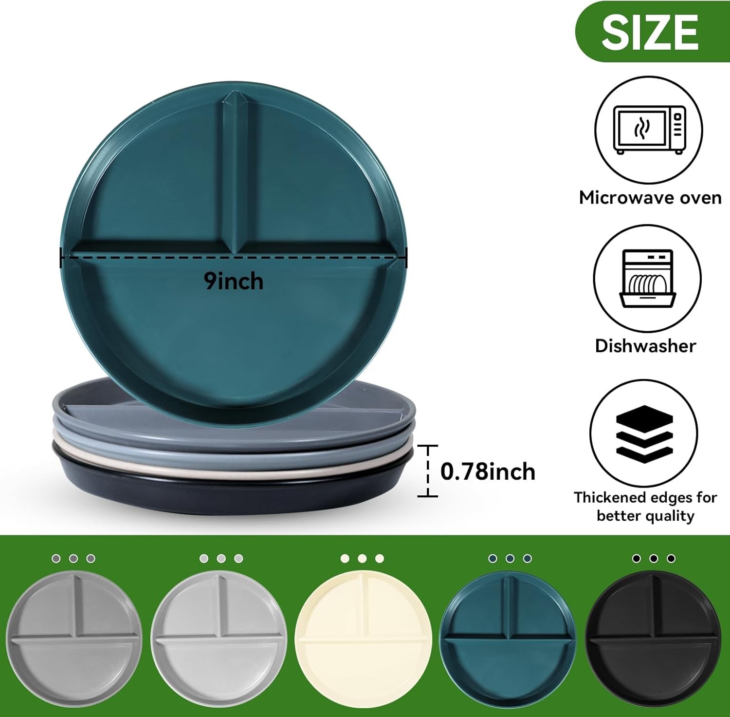 round portion control plate 9 inches, Black, gray, light beige, dark green