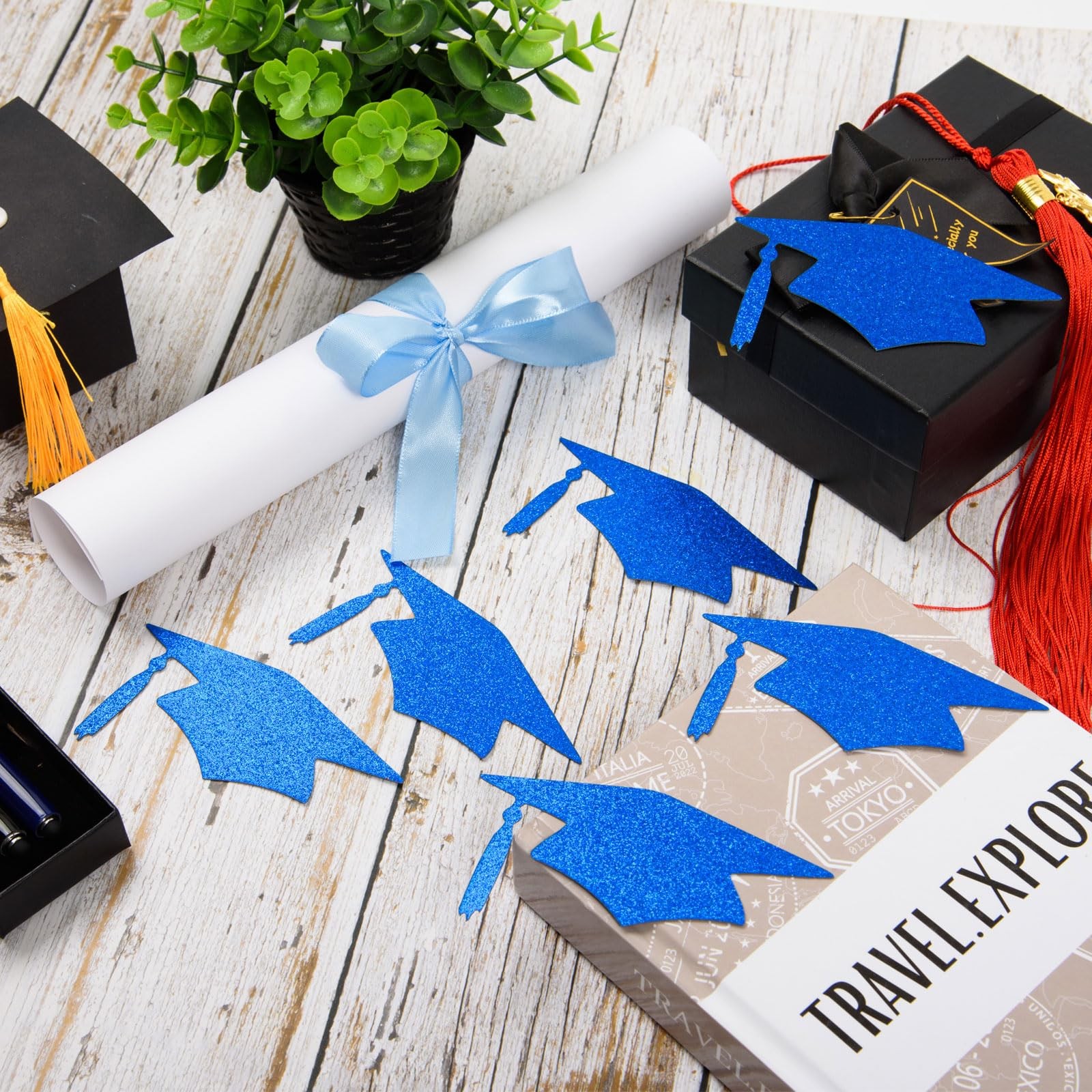 50 PCS Blue Glitter Graduation Cap Cutouts Class Of 2026 Table Confetti