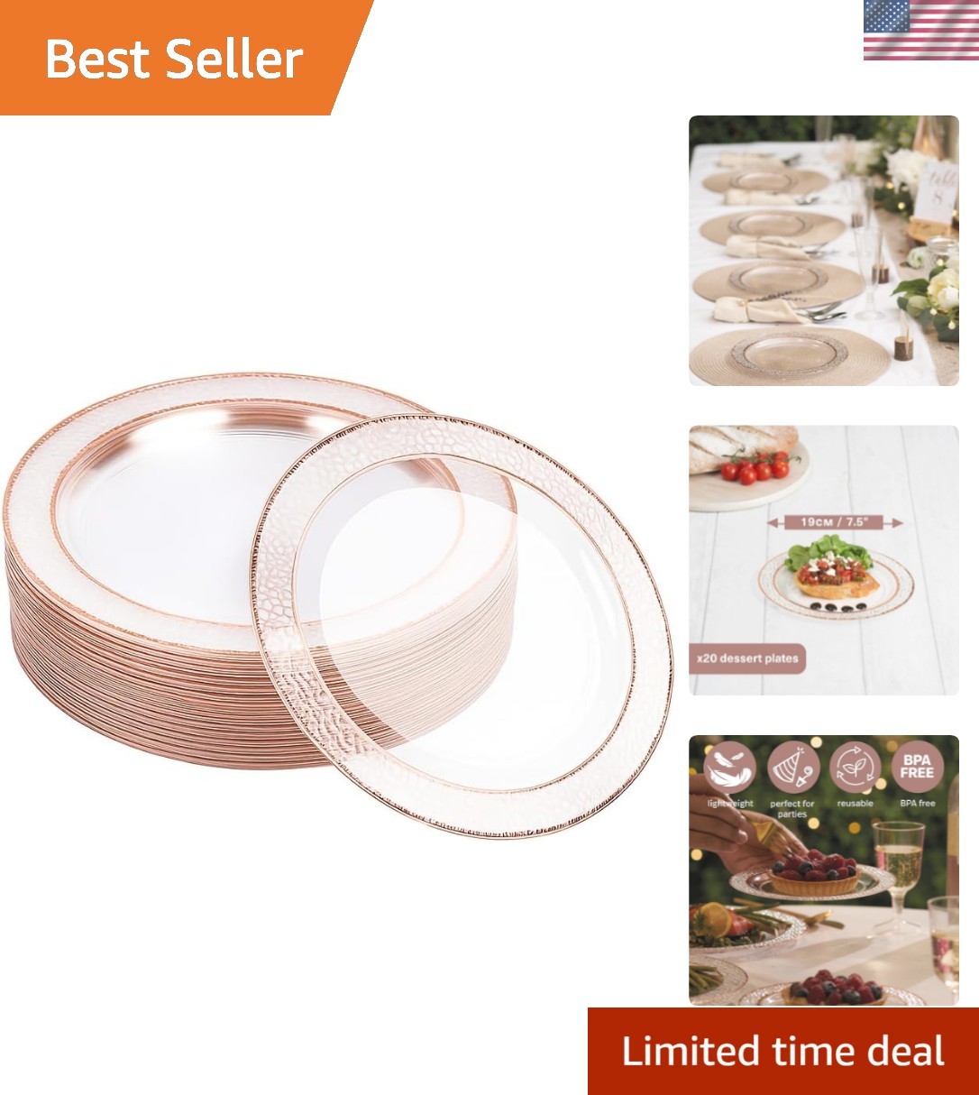 20 Reusable 7.5 Inch Clear Plastic Party Plates Hammered Rose Gold Rim – Heav…
