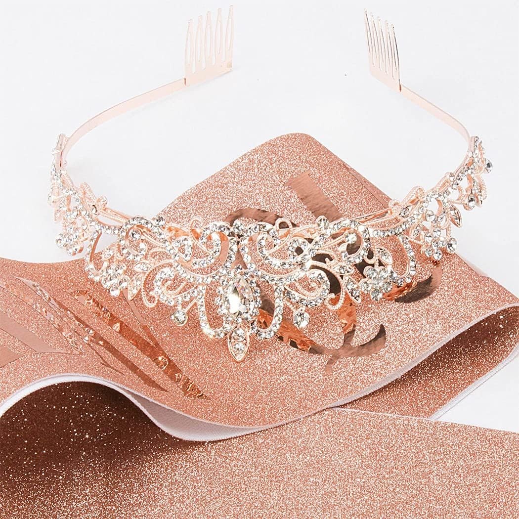 Stylish Rhinestone Tiara and Adjustable Birthday Sash Set in Rose Gold