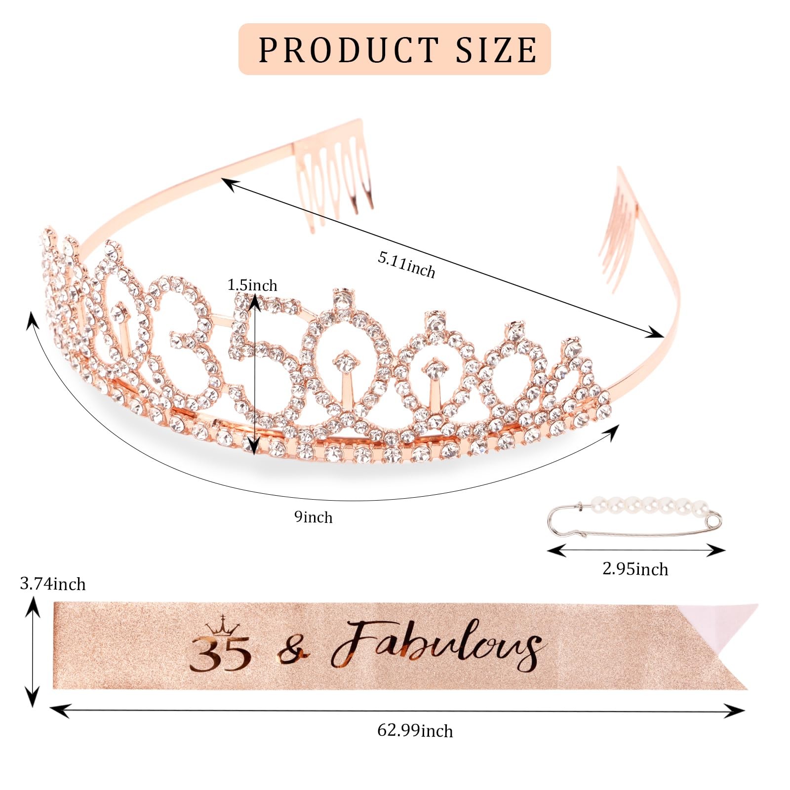 35th Birthday Crown & Sash Set + Tiara, Fabulous 35th Decorations & Gifts