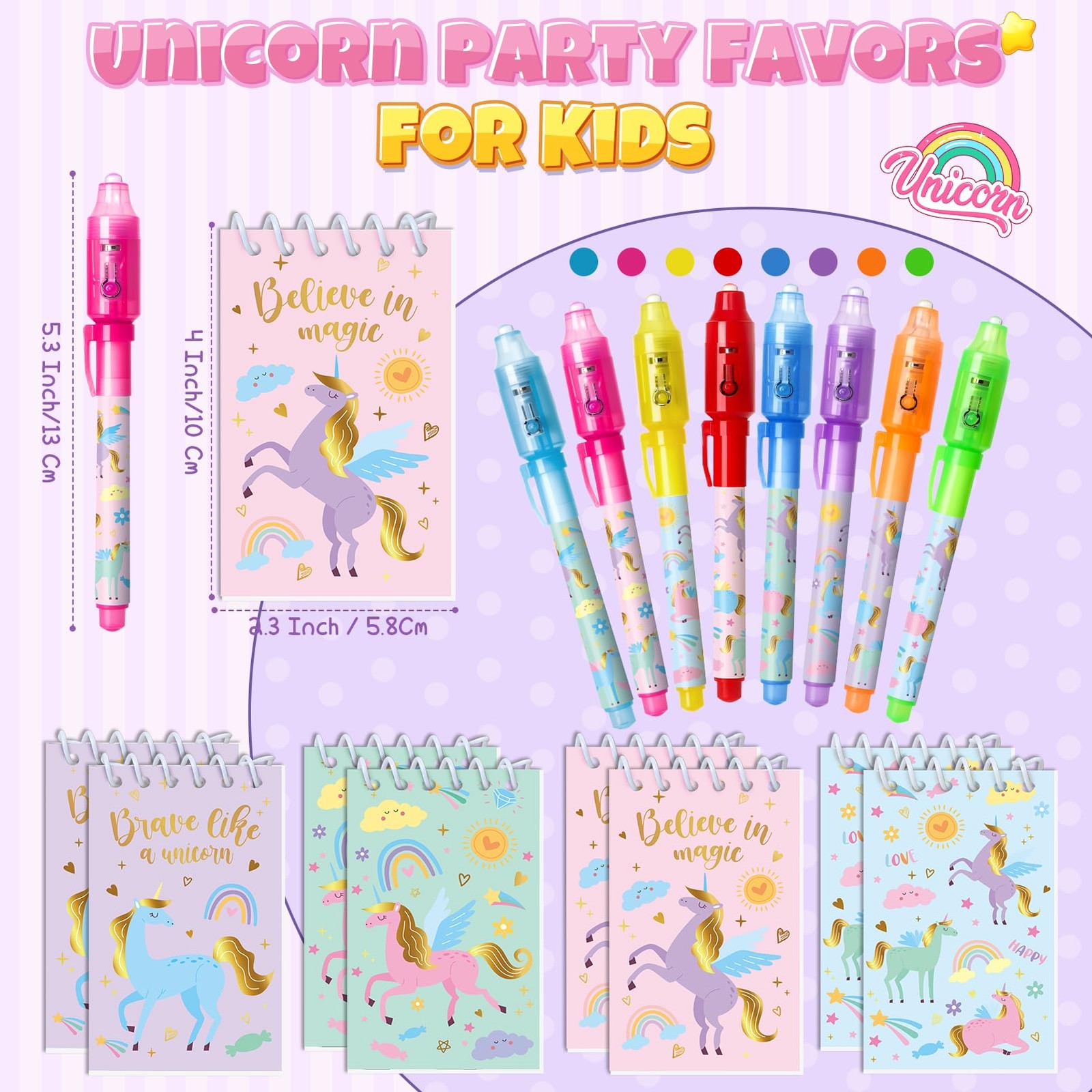 Invisible Ink Pen and Notebook Pack, 24 Pcs Unicorn Party Favors, Spy Pens wi…
